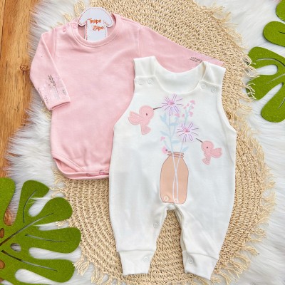 Conj. Body Manga Longa e Jardineira Suedine - Passarinhos - Off White e Rose